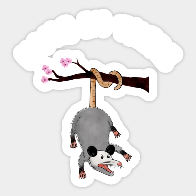 Weird and Funny Opossum Design that Says Hang in There, Possum Hanging From Tree, Retro Humor, Anxiety Possum Unique Sticker by ThatVibe